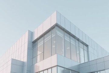 Obraz premium Modern building with large glass windows against a clear sky.