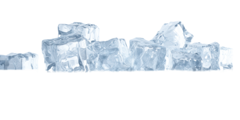A Realistic 3d Rendering of a Row of Clear Frozen Water Ice Cubes with a Cool Blue Tint Arranged in a Pile on a Transparent Background.