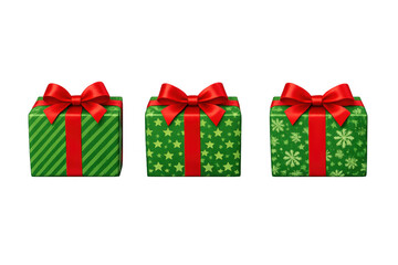 Fototapeta premium Multiple christmas gifts in green wrapping paper with red bows, presenting festive holiday celebration and surprise