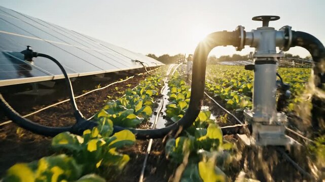 Sustainable solar-powered smart irrigation waters green crops, highlighting futuristic ai agriculture in a golden field.
