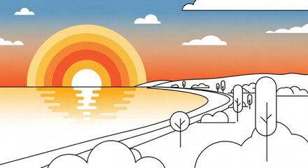 Naklejka premium Vector illustration of serene landscape with vibrant rainbow sunrise over calm waters and winding road