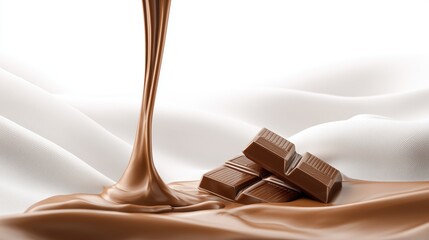 Innovation in culinary excellence: rich melted chocolate flows beside stacked dark bars on pristine white fabric.
Customer needs in premium branding: velvety dark chocolate contrasts with a smooth whi