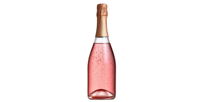 An Elegant Full Bottle of Pink Rose Sparkling Wine Showing Effervescent Bubbles and Sealed with a Rose Gold Foil on a Transparent Background.