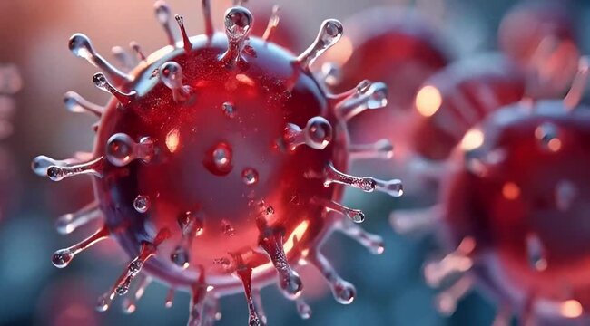 Close-up of realistic red virus particles with spikes on surface