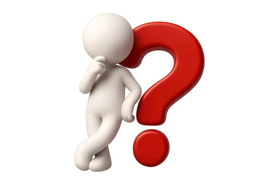 3D white character in thinking pose leaning on a large red question mark. Symbolizes curiosity, inquiry, and problem-solving concepts.