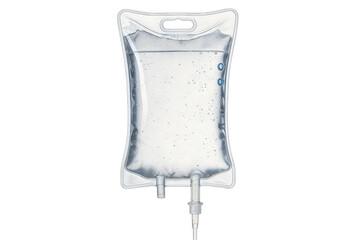 Clear plastic IV bag filled with liquid for intravenous medical infusion therapy. Used in healthcare for rehydration, medication administration, and treatment delivery.