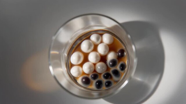 Top-down view of boba pearls floating in a glass of tea on a table