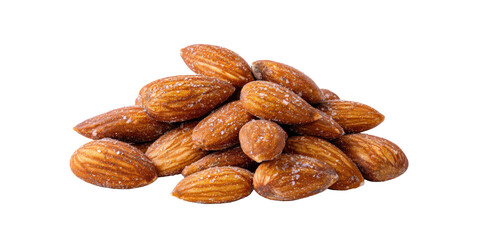 A Close Up Macro Shot of a Delicious Pile of Roasted and Salted Almonds a Healthy and Nutritious Snack Isolated on a Transparent Background.