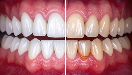 Obraz premium Dental comparison of clean and dirty teeth. A before-and-after comparison of a person's teeth, with the left side showing clean, white teeth and the right side revealing teeth with stains
