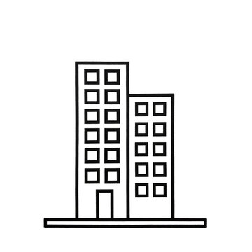 Minimalist line art icon of a multi - story building with a high - rise and a shorter structure, representing urban architecture, cityscape, and real estate development.