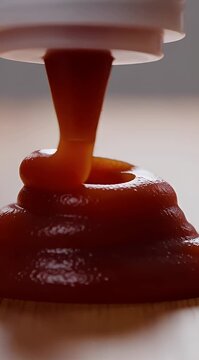 Ketchup Being Poured from a Bottle.
