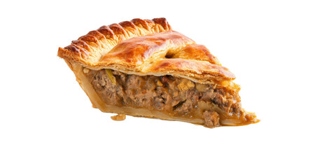 A Delicious Single Slice of Homemade Savory Meat Pie with a Flaky Golden Crust and Rich Gravy Filling Isolated on a Transparent Background.