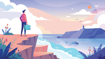 A person stands on a cliff edge with a suitcase, gazing out at a serene sea landscape, evoking feelings of freedom and adventure. © merry