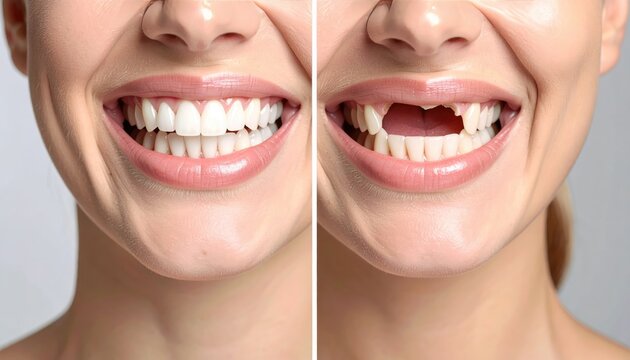 A comparison of a perfect and missing tooth with a woman smiling