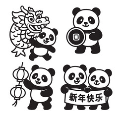 Fototapeta premium Playful panda celebrating Chinese New Year with dragon, lantern and coin, cheerful scene