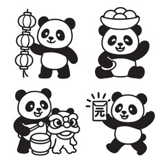 Fototapeta premium Panda characters celebrating Chinese New Year with lantern, drum, lion and red envelope festive