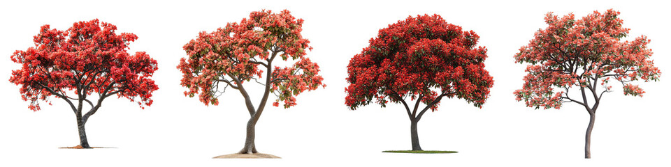 Four trees with red leaves, a vibrant representation of the change in season. Displayed on a simple background.