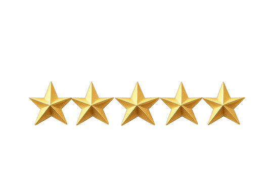 Five golden stars illustration, representing a five-star rating or award. Shiny, decorative symbols ideal for quality reviews, excellence badges, or design elements.