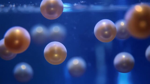 Close-up of boba pearls floating in a blue liquid, captured with a macro shot technique.