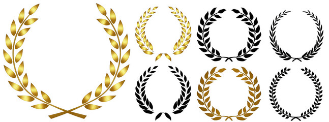 Collection of golden and black laurel wreaths, symbols of victory, achievement, and honor. Ideal for awards, badges, or decorative emblems in various designs.