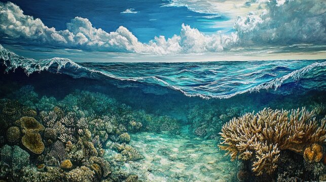 Tropical coral reef underwater scene with crashing waves