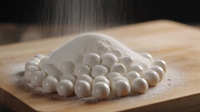 White boba pearls and powder on wooden cutting board, close-up