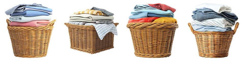 Freshly folded laundry in wicker baskets. Different colors and types of garments are neatly arranged, ready to be put away.