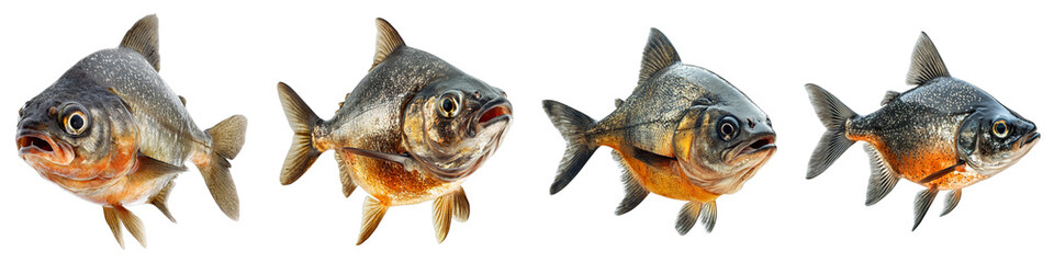 Four menacing piranha with red bellies swim across the frame, showcasing their sharp teeth and predatory nature. The image is taken at eye-level, highlighting the details of their scales and fins.