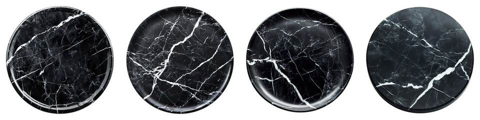 Close-up view of four round marble plates with natural veins, perfect for showcasing your culinary creations. The plates are arranged in a row.