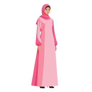 Pink Muslim Women Long Dress Gamis Flat Vector