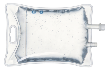 Transparent medical infusion bag filled with liquid, featuring tubes and connectors for healthcare applications. Used in intravenous therapy for drug delivery and fluid administration.
