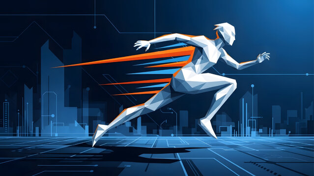 Low poly vector illustration of a futuristic white geometric figure running fast with speed trails on a blue digital city background
