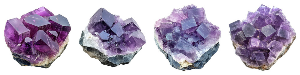 Four beautiful purple amethyst crystals isolated on a plain. They are arranged in a row, each displaying a unique formation.