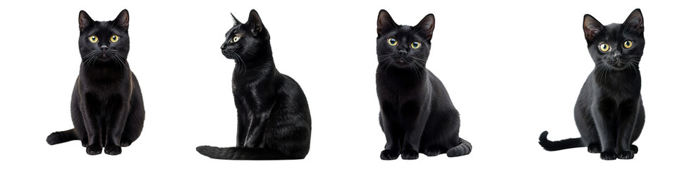 A sequence of four captivating poses of a stunning, black cat. The cat's sleek fur, expressive eyes and elegant posture capture attention. 