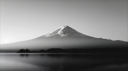Black and white monochrome mountain with snow capped peak and calm lake reflection