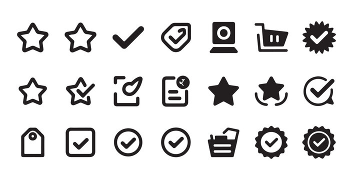 Check mark and star rating icon set, quality assurance and approval flat vector collection