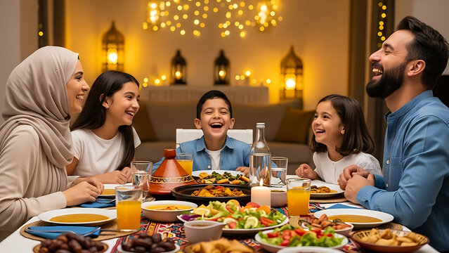 Muslim family enjoying iftar meal together during Ramadan.