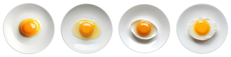 Different stages of cooking fried eggs on a white plate. Each plate displaying a cooking stage. 