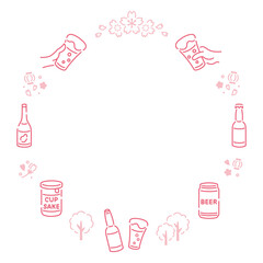 お花見の季節にぴったりな花見酒と桜フレーム素材／咲き誇る桜カラー