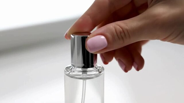 Close up shot of hand removing cap from perfume bottle spray pump for application on skin closeup