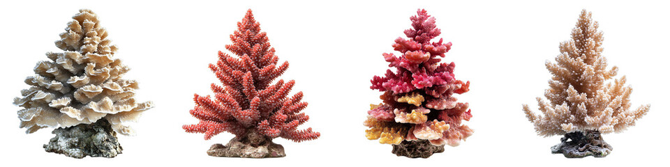 A colorful coral reef close up in the ocean, showing the beauty of underwater life. A group of corals of different colors are arranged in a row.