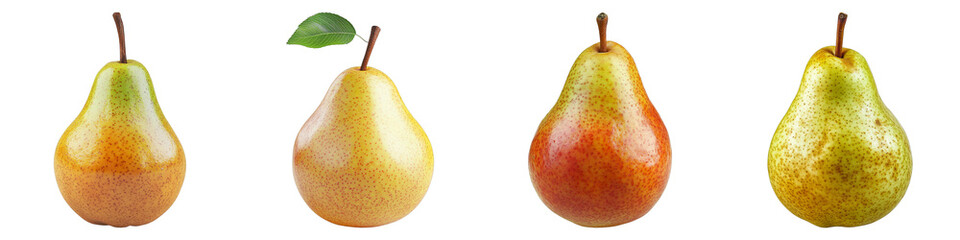 Four fresh pears in various stages of ripeness, showcasing their natural colors and textures. From the bright green hue of the young fruit to the deep red of a mature one.