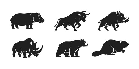 Collection of Six Silhouette Animals Including Hippo Bull Rhino Bear Bison and Beaver.