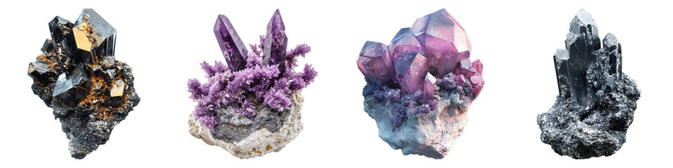 Close-up of four beautiful crystals. Each of the crystals is a different color and shape. They are arranged in a row, with natural colors.