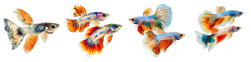 Four colorful Guppy fish swimming underwater with fins of yellow, orange, and blue. The sunlight gleams off their scales.