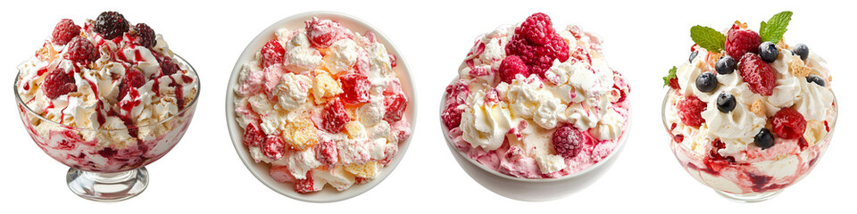 An overhead shot of four different delicious desserts in glass cups. Each sundae features whipped cream with fresh fruits.
