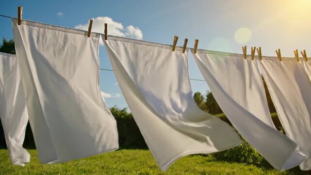 White laundry drying outdoors, clean laundry and housekeeping concept