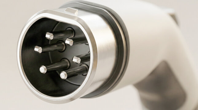 Macro Detail of Electric Vehicle Charging Plug with Metal Connector Pins
