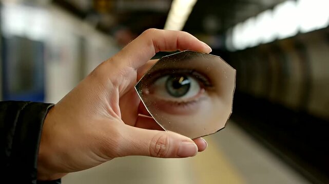 Intense eye reflection in an octagonal mirror held at a subway station, highlighting self-perception and encouraging Mental Health Awareness and introspection.