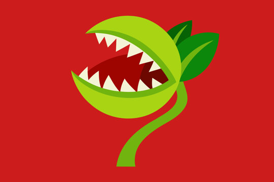 Cartoon Venus Flytrap with Open Mouth on Red Background